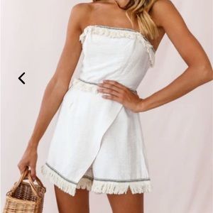 Selfie Leslie Bermuda Bandeau Tassel Trim Romper Beige Size M